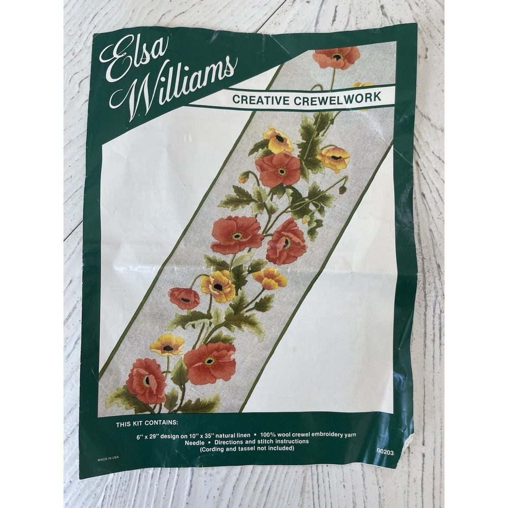 Vtg Elsa Williams Poppy Bell Pull Crewel Embroidery Kit Started, Not Completed
